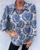 Lapel And Elegant Puff Sleeve Printed Blouse