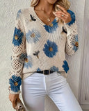 Long-Sleeved V-Neck Jacquard Pullover