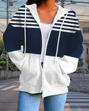 V-Neck Loose Striped Zip-Up Coat