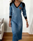 V-Neck Stitching Long-Sleeved Dress