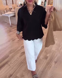V-Neck Fashion Casual Scallop Trim Blouse
