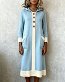 Hooded Button-Down Colorblock Sweater Dress