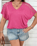 V-Neck Solid Color Hollow Stitching T-Shirt