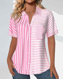 Striped Short Sleeve Button Lapel Shirt with Pocket