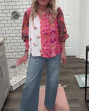 V-Neck Floral Print Long-Sleeved Shirt