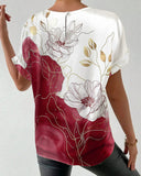 Crew Neck Floral Print Color Block T-Shirt