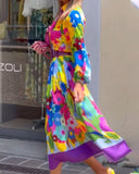 Lapel Colorful Print Long Sleeve Dress