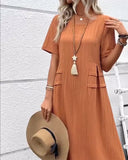 Casual Pleated Short Sleeve Crew Neck Dress