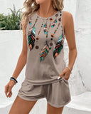 Sleeveless Retro Feather Print Set