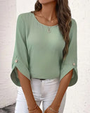 Round Neck Solid Color Trumpet Sleeve Draped T-Shirt