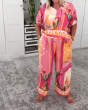 Casual Printed Short Sleeve Long Pants Two-Piece Set