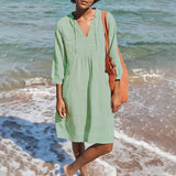 Women's Cotton Linen Ruched Pocket Solid Color V Neck 3/4 Length Sleeve Midi Dress