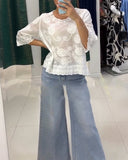 Solid Color Three Quarter Sleeve Blouse