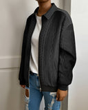 Lapel Cable Textured Zip Up Coat