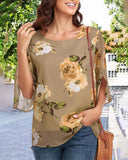 Round Neck Floral Print Slit Sleeve Casual Blouse