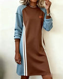 Long-Sleeved Color Block Round Neck Straight Dress