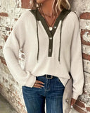 Color-Blocked Button V-Neck Hoodie