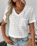 Lace V-Neck Solid Color Hollow Simple Blouse