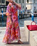 Colorful Printed Lantern Sleeve Loose Dress