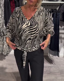 V-Neck Animal Print Bat Sleeve Blouse