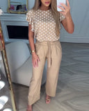 Ruffle Sleeve Round Neck Polka Dot Casual Suit
