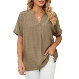 Women Loose Split V-Neck Flowy Plain Short Sleeve