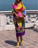 Lapel Colorful Print Long Sleeve Dress