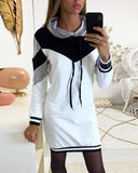Casual Hooded Long Sleeve Contrast Color Dress