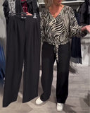 V-Neck Animal Print Bat Sleeve Blouse