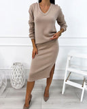 V-Neck Elegant Midi Skirt Fashion Set