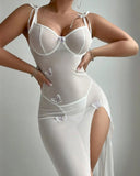 Mesh Butterfly High Slit Suspender Dress
