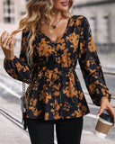 Floral Print V Neck Lantern Sleeve Belted Blouse