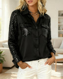 Elegant Sequin-Satin Patchwork Collared Shirt