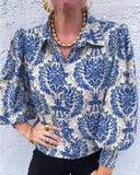 Lapel And Elegant Puff Sleeve Printed Blouse