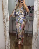 Retro V-Neck Printed Fishtail Skirt Suit
