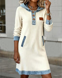 Hooded Button-Detailed Denim Paneled Dress