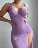 Mesh Butterfly High Slit Suspender Dress