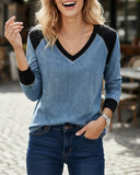Long-Sleeved V-Neck Contrasting Color Pullover Sweater