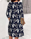 Button V-Neck Leaf Print Dress