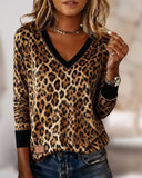 V-Neck Leopard Print Patchwork Long-Sleeve Top