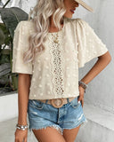 Round Neck Solid Color Hollow Blouse