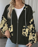 Drawstring Hooded Printed Sweatshirt Coat