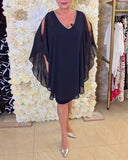 Contrast Color V-Neck Off-The-Shoulder Dress