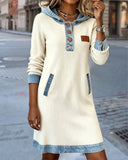 Hooded Button-Detailed Denim Paneled Dress
