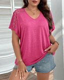 V-Neck Solid Color Hollow Stitching T-Shirt