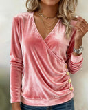 V-Neck Velvet Shirred Long Sleeve Top