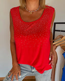 Casual Round-neck Sleeveless Hot-fixed Rhinestones T-shirt