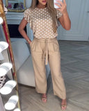 Ruffle Sleeve Round Neck Polka Dot Casual Suit