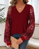 Fashionable Sequin Sleeves V-Neck Pullover