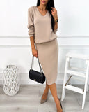 V-Neck Elegant Midi Skirt Fashion Set